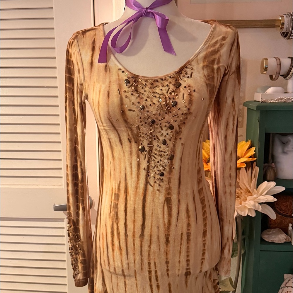 Embellished Brown Midi Dress
